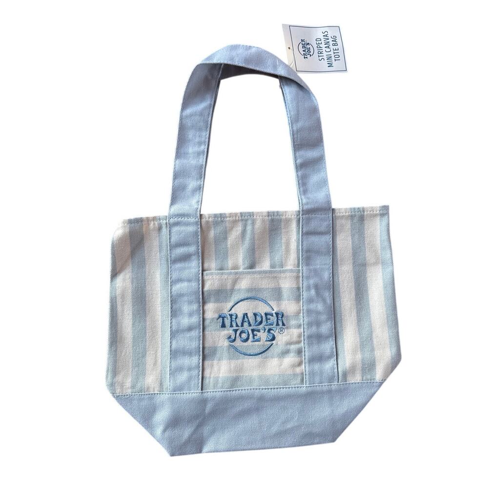 Trader Joe's 2026 summer mini striped canvas tote bag w/ 2 side pockets-Lt Blue